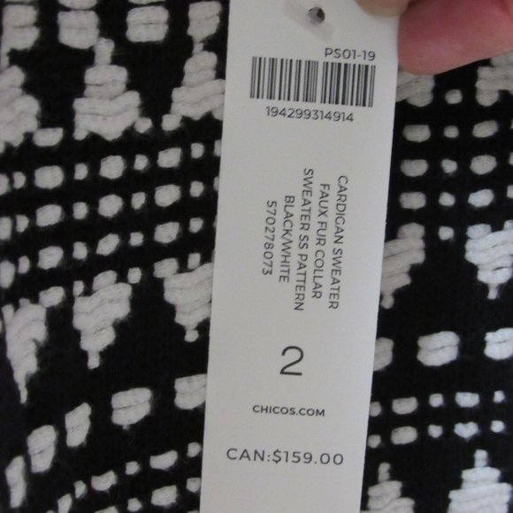 Black & White Chico's Cardigan Sweater Faux Fur Collar Size 2 US 12 - Picture 4 of 7